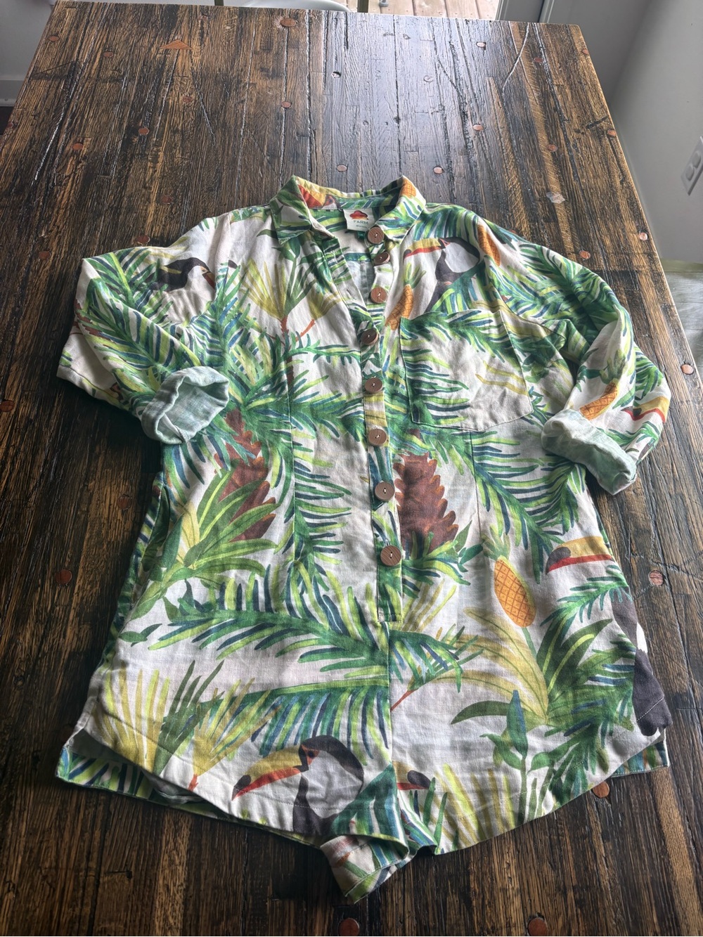 FARM Rio Tropical Toucan Linen Romper in Green, Yellow and Brown 100% linen